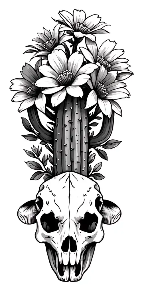 saguaro cactus with flowers blooming, cow skull tattoo design idea