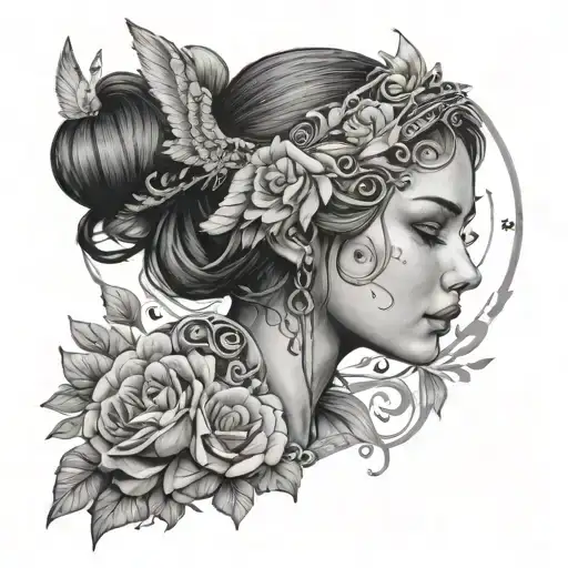 A portrait of a daughter with a halo of Latin words representing love, respect, and honor, capturing the essence of family and values tattoo design idea