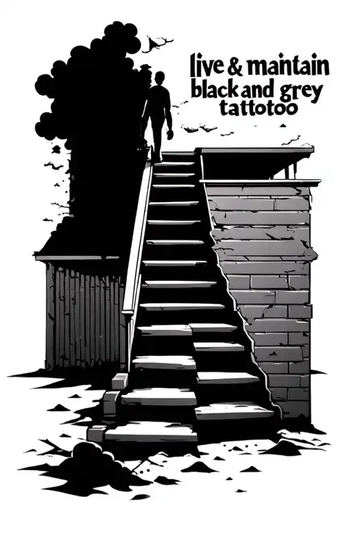 Staircase to a broken down house with a man walking up with clouds around with words saying "live & maintain tattoo design idea
