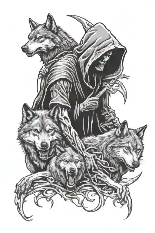 Reaper holing 3 wolf's tattoo design idea