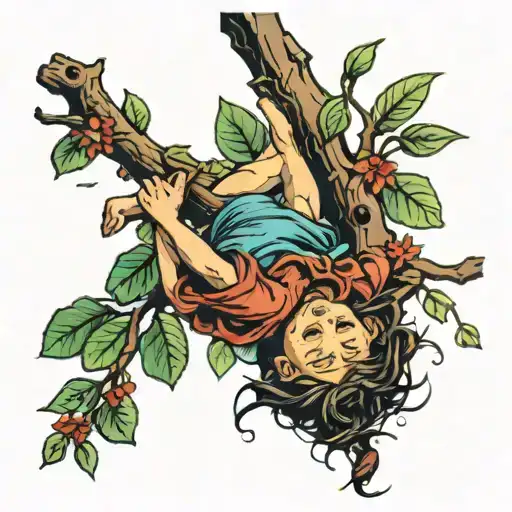 wandering child hanging from tree branch tattoo design idea
