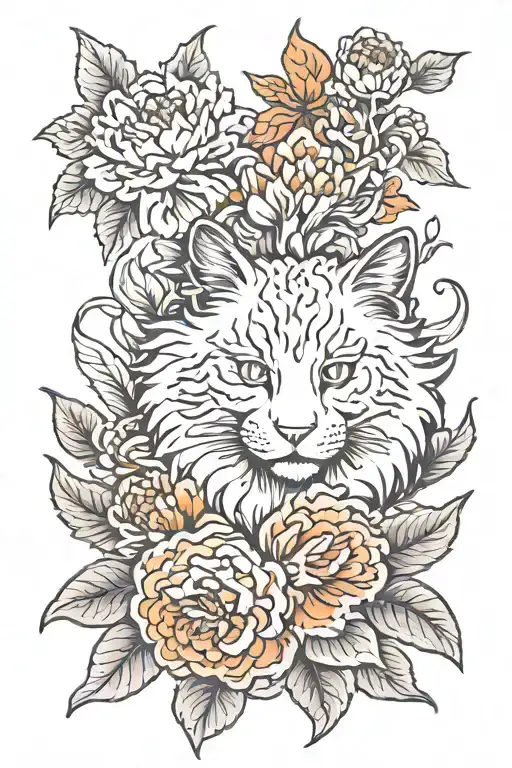 white carnation, red chrysanthemum flower. flowing beautifully. with an orange cat  tattoo design idea