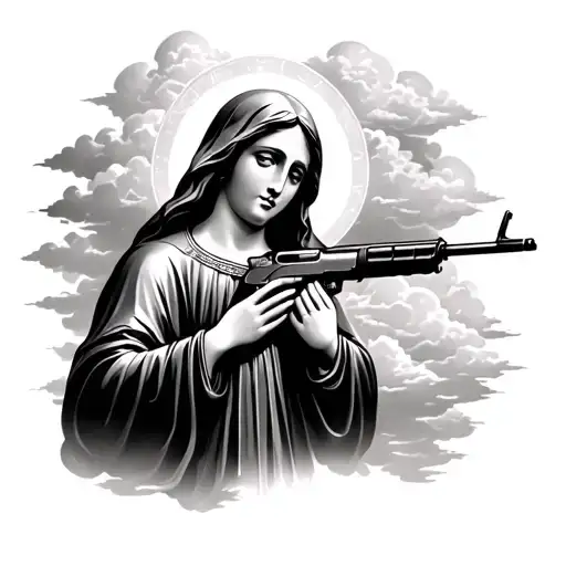 virgin mary praying with an ak47 with clouds tattoo design idea