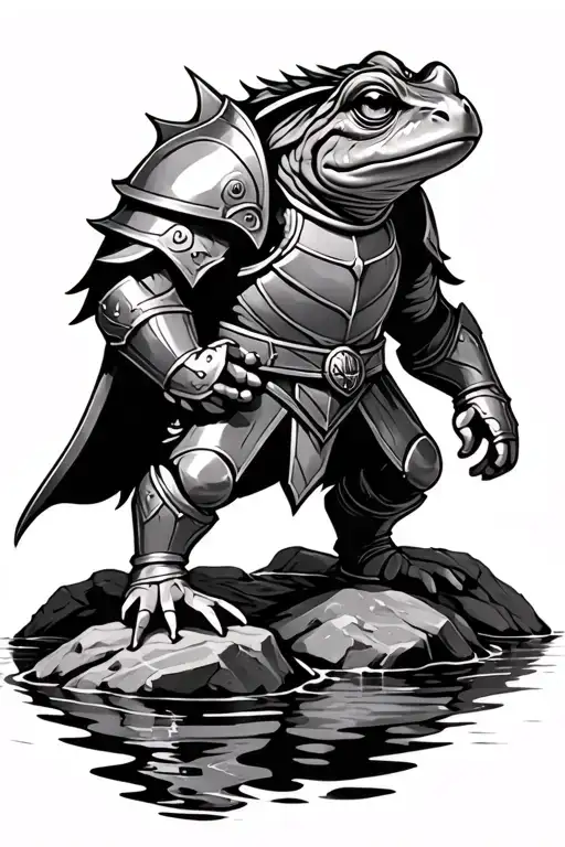 toad wearing knight armor standing on rocks by water tattoo design idea