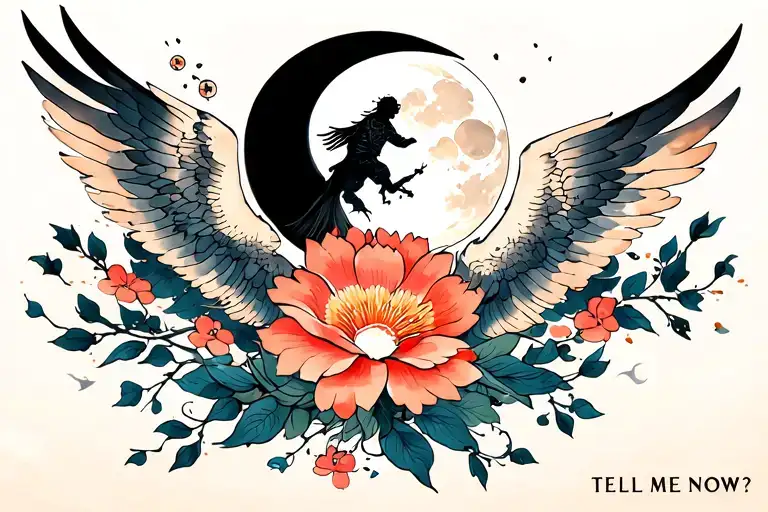 icarus falling from sky, moon surrounded , gekkabijin flower and on the middle " TELL ME NOW 誤ちなのか? 永遠(とわ)の眠り神々のもとへ..."  tattoo design idea