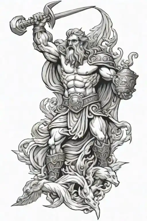 Zeus holding a lightning, Greek god kairos, a Rottweiler, and Viking ships below  tattoo design idea