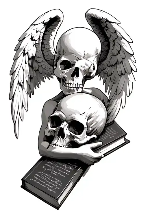 baby face angel holding a skull and bibles verses tattoo design idea