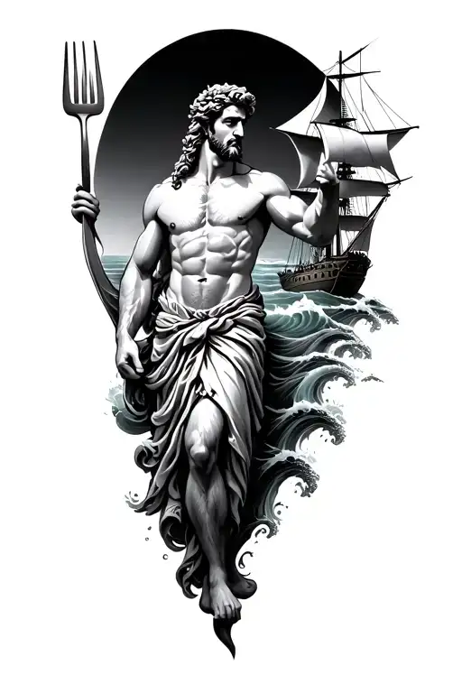 Poseidon holding his fork with ocean waves and a ship tattoo design idea