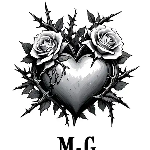"M G" heart surrounded by thorns and roses intertwined tattoo design idea