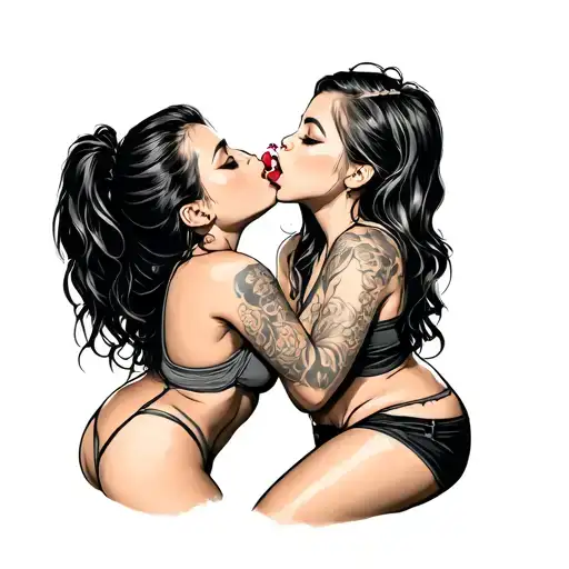 A girl licking another girl's buttocks  tattoo design idea