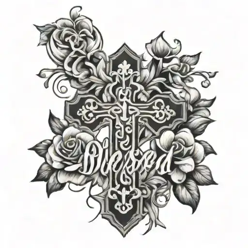 cross with flowers and word blessed tattoo design idea