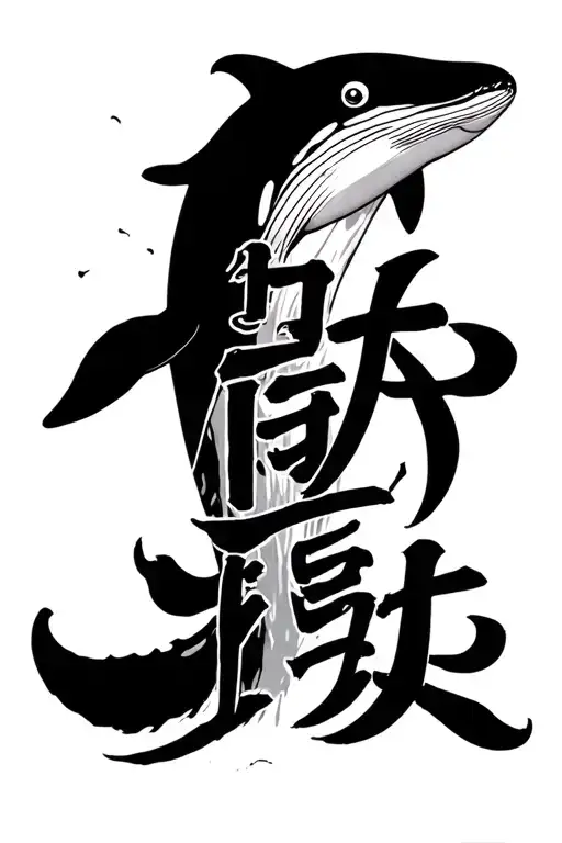 the word "freedom" written in katakana japanese vertically down the spine. On the top right of the lettering, a whale sh tattoo design idea