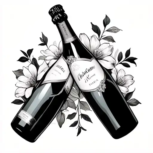 crossed champagne bottles with flowers tattoo design idea