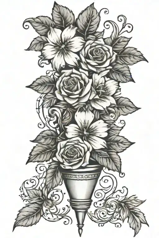 thigh tattoo, tapers off at the top, floral with ivy accents tattoo design idea