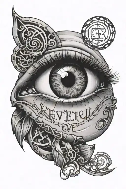 "A realistic tattoo of an eye with a heart wrapped in DNA. Above the eye are the initials "FD" and below the heart is the inscription "Never Give Up" tattoo design idea