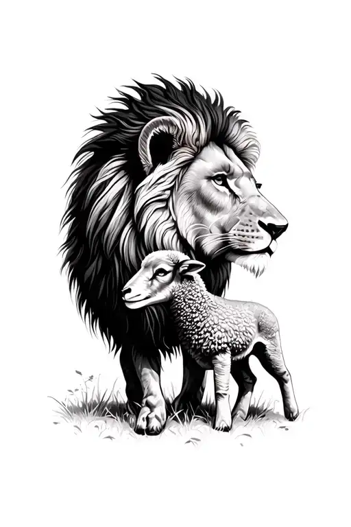 lion and lamb standing proudly detailed hairs going tattoo design idea