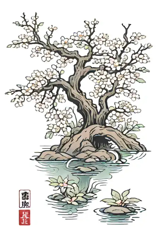 Pond near the wrist area with a bring going over it and a big sakura tree with leaves falling  tattoo design idea