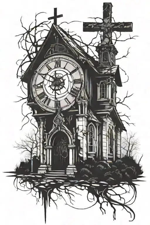 A broken abandoned church on top of the church a broke clock time 2:27 am on the wrist a road filled with 7 crosses and  tattoo design idea