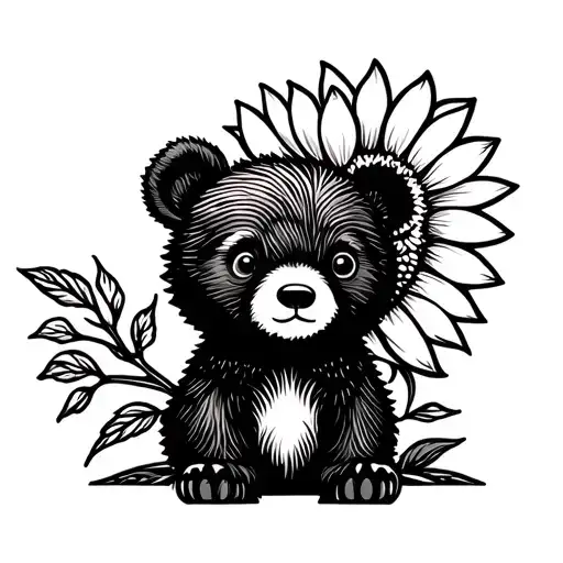 cute bear cub and sunflower tattoo design idea