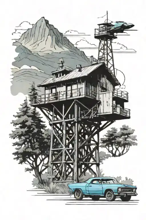 Fire watch tower surrounded by trees and mountains with a baby blue el camino car parked next to the tower LEM444 tattoo design idea
