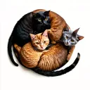 four cats curled up together in a circle. one black cat, one orange cat, one brown cat, and one grey cat tattoo design idea