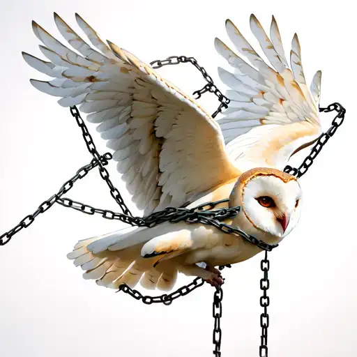 realistic white barn owl flying but wrapped in chains symbolically meaning it's trying to spread wings but held back tattoo design idea