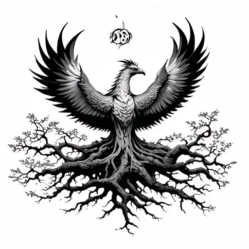 banyan tree with phoenix rising from addiction tattoo design idea