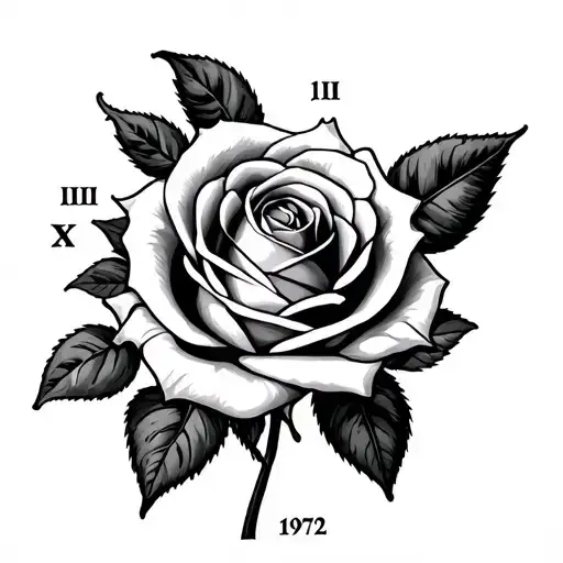 Rose with January 10 1972 in Roman numerals  tattoo design idea
