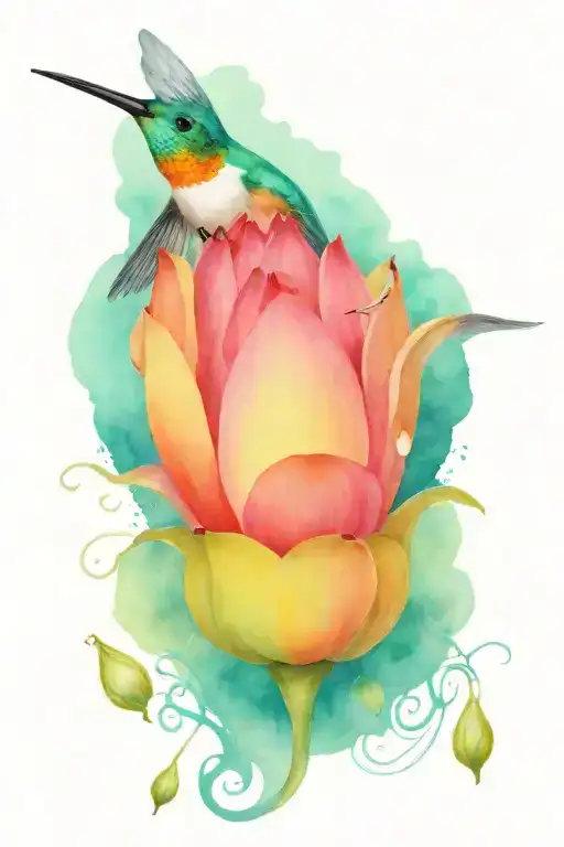 one protective hummingbird above a lotus flower with nest and 3 small eggs inside  tattoo design idea