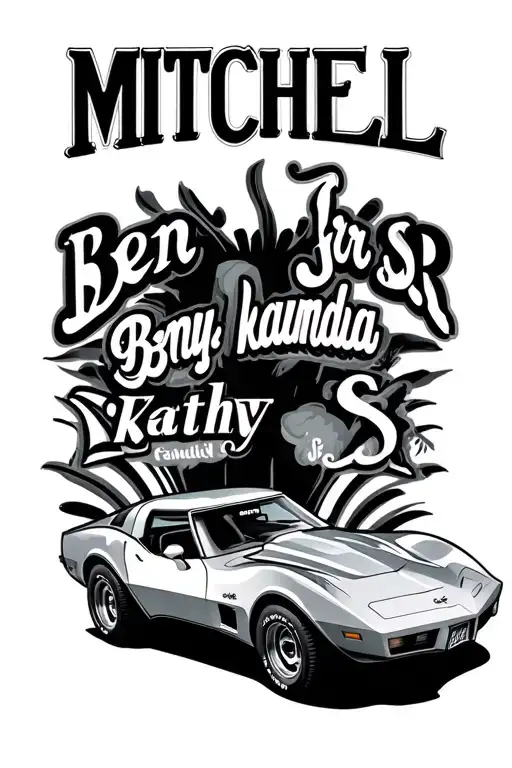  the family name Mitchell. the name Ben jr and kathy(parents) and the name Ben sr(grandpa) with a 1976 corvette tattoo design idea