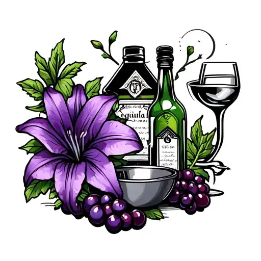 lily and violet flower, shot glass, tequila bottle, wash bowl, holiday house, bunk bed, grapes tattoo design idea