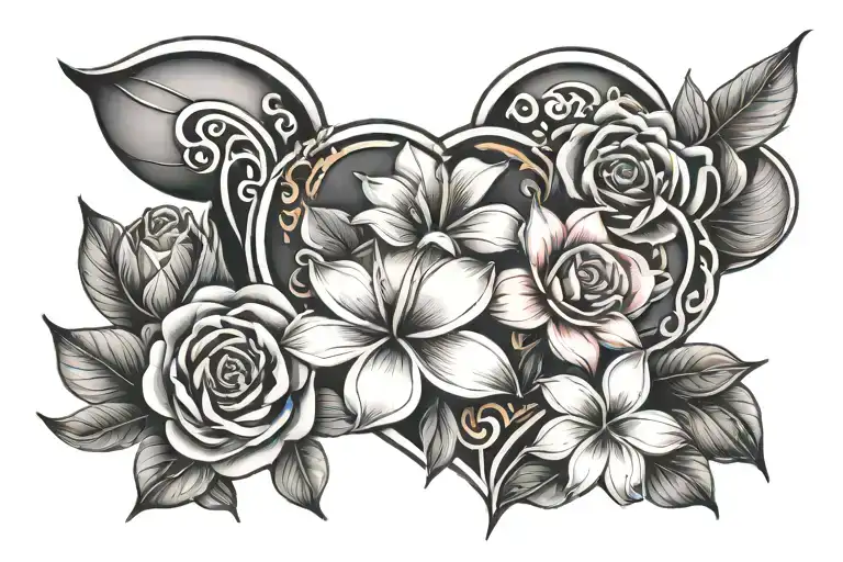 heart, plumeria, rose, Madeline, ruby, amber, isaac tattoo design idea