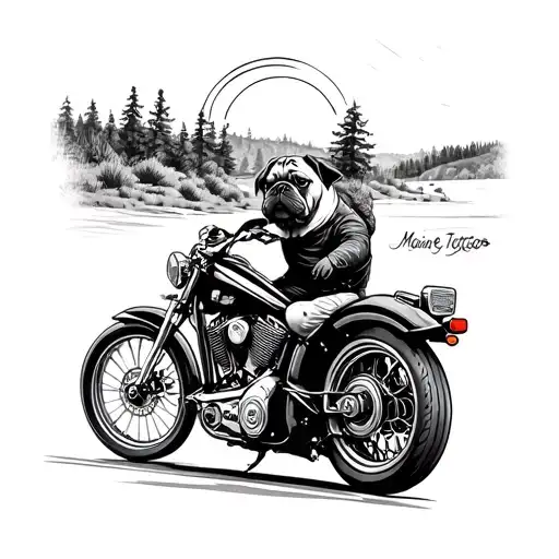 A pug riding a Harley Davidson Road Glide motorcycle through a scenic Maine landscape tattoo design idea