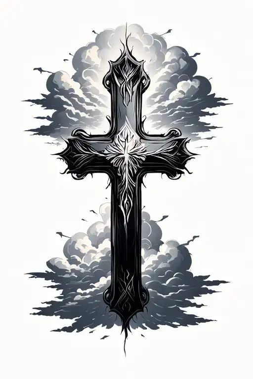 cross with faded clouds behind it masculine tattoo design idea