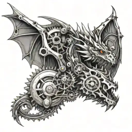 An intricate design of a mechanical dragon inspired by video game characters, with gears and pistons reminiscent of a car engine tattoo design idea