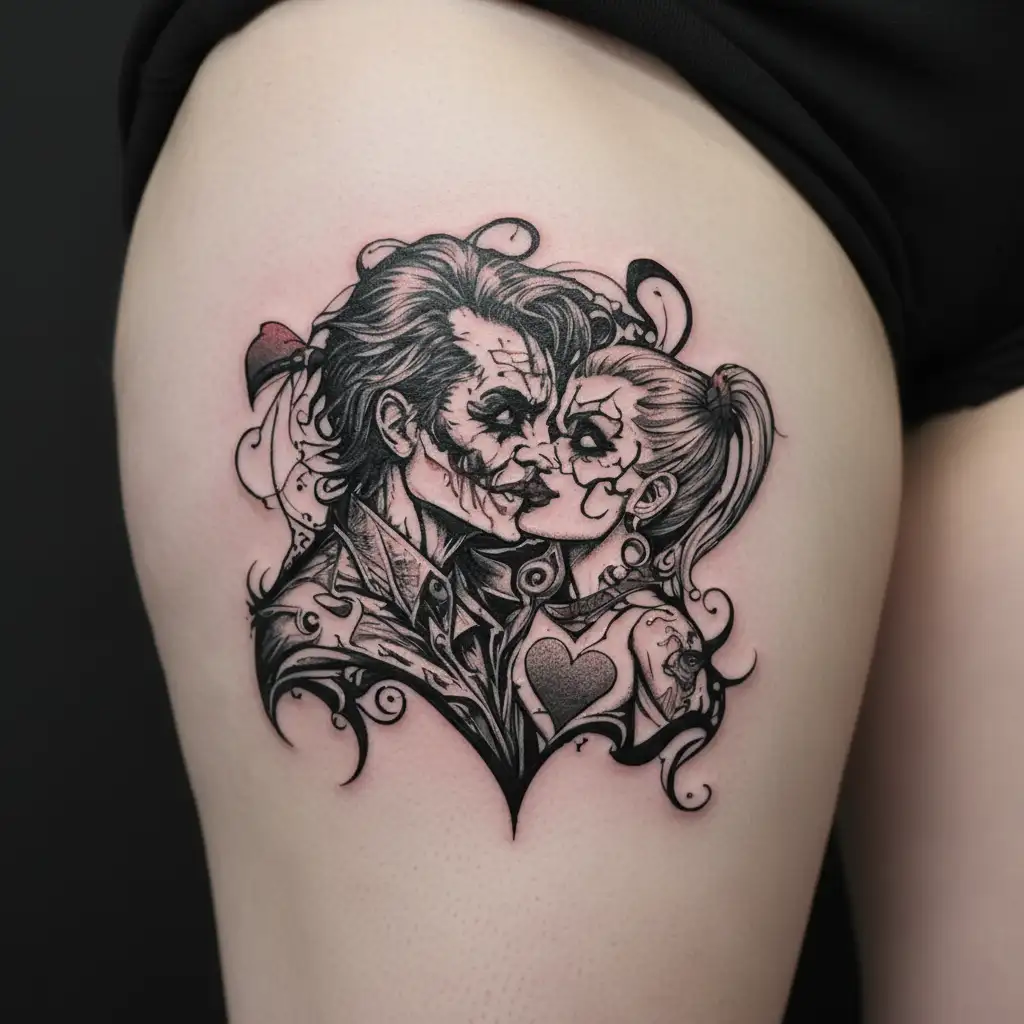 A tattoo of a broken heart with The Joker and Harley Quinn embracing each other, representing the duality of love and pain tattoo design idea