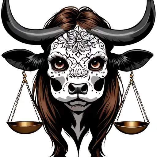full woman body bull with sugar skull markings, brown eyes, brown hair and two Libra scales.  tattoo design idea