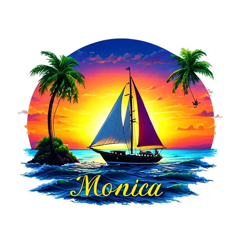 Sailboat, sunset, ocean, island palm tree, "Monica" on bottom, vibrant colors tattoo design idea