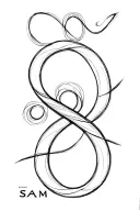 2 lines infinity symbol and the name danu, sam, tan as inside those two lines,  tattoo design idea