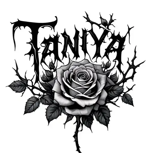 rose bush with thorny vines that spell out Tanya while ripping through the skin tattoo design idea