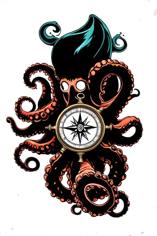 kracken octopus hold compass with waves, tentacles spread out tattoo design idea