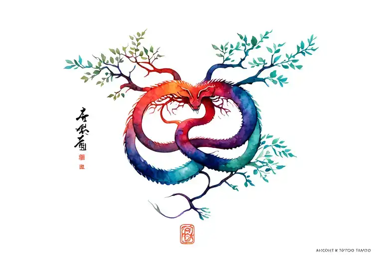 yggdrasil tree with year of the snake intertwined tattoo design idea