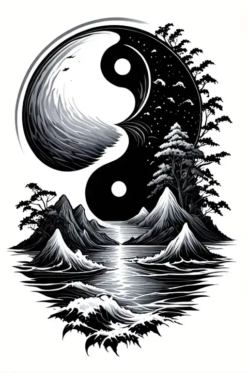 ying yang with sun set in dark and monshine in bright with nature ocean and mountains tattoo design idea