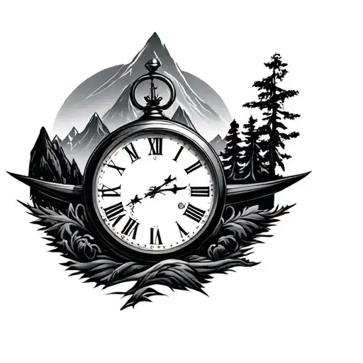 men's full sleeve clock mountains  tattoo design idea