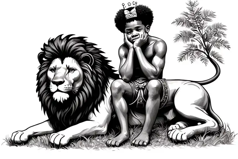 African America boy with Afro bow sitting on a lion with his hands on his cheeks and a crown on his head  tattoo design idea