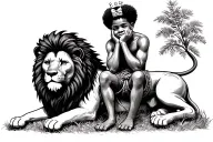 African America boy with Afro bow sitting on a lion with his hands on his cheeks and a crown on his head  tattoo design idea