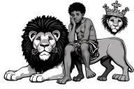 African America boy with Afro bow sitting on a lion with his hands on his cheeks and a crown on his head  tattoo design idea