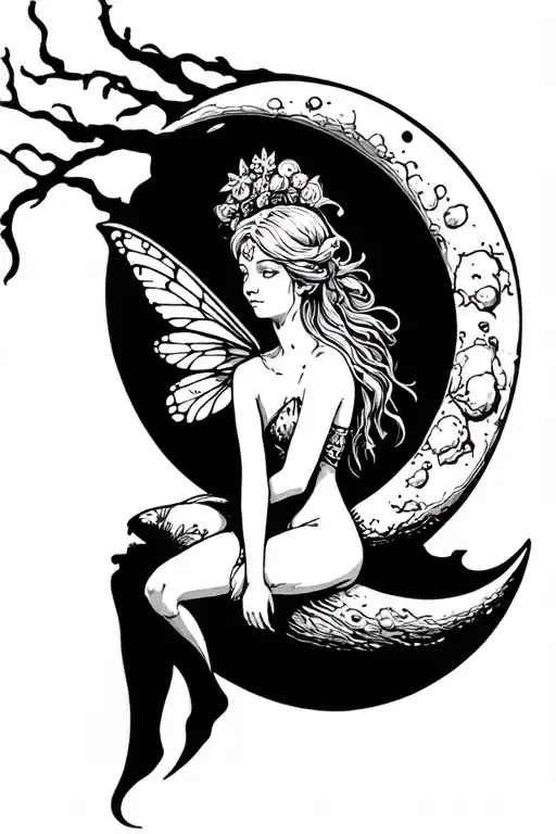 Fairy sitting on moon tattoo design idea