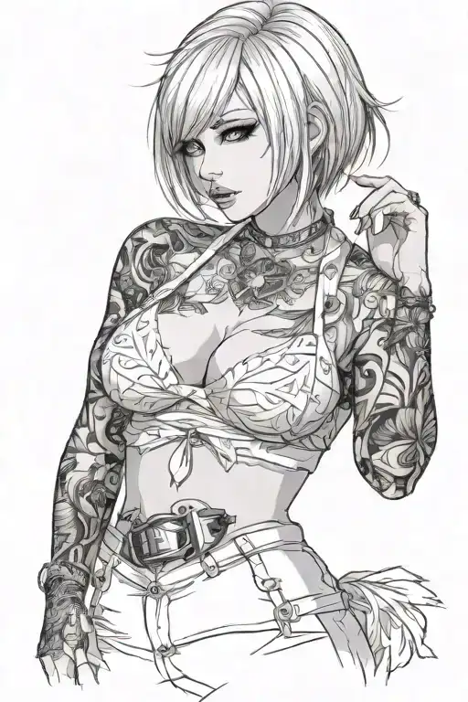 Sexy girl, Huge boobs, cleavage, petite, pure white eyes, torn clothing, short white bob hairstyle, waist up view  tattoo design idea