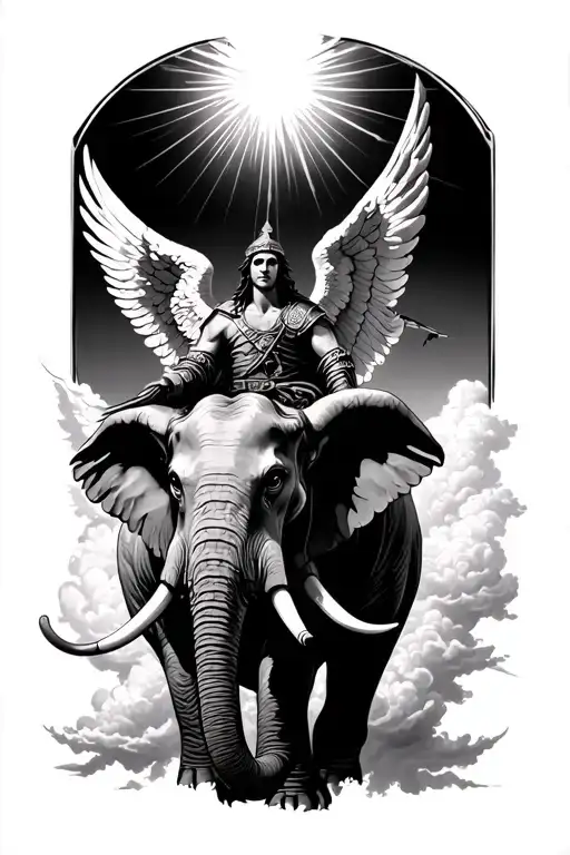 a warrior angel riding an elephant in the clouds with light rays coming from the top of the tattoo tattoo design idea
